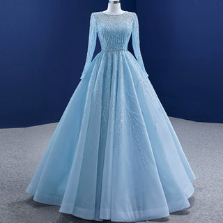 Beaded Baby Blue A-line Prom Dress Formal Gown with Long Sleeves