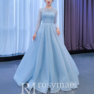 Beaded Baby Blue A-line Prom Dress Formal Gown with Long Sleeves