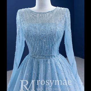 Beaded Baby Blue A-line Prom Dress Formal Gown with Long Sleeves