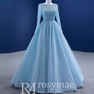 Beaded Baby Blue A-line Prom Dress Formal Gown with Long Sleeves