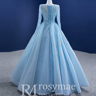 Beaded Baby Blue A-line Prom Dress Formal Gown with Long Sleeves