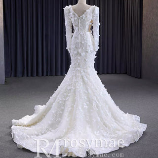 Elegant 3D Floral Lace Mermaid Wedding Dress Long Sleeve Bridal Gown