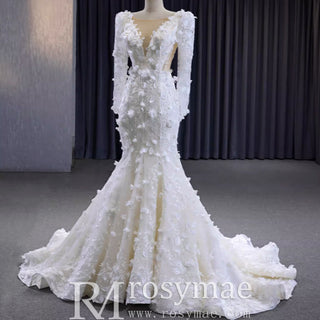 Elegant 3D Floral Lace Mermaid Wedding Dress Long Sleeve Bridal Gown
