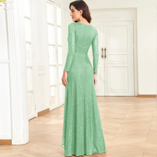 Long Sleeve V-Neck Fit Maxi Formal Gown Evening Dress For Women