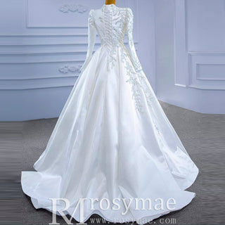 High-end Elegant O-neck Satin Wedding Dress with Long Sleeve