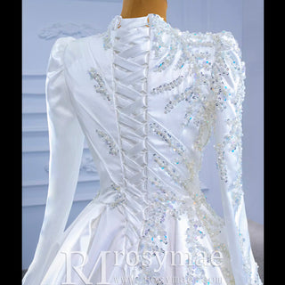 High-end Elegant O-neck Satin Wedding Dress with Long Sleeve