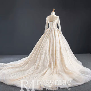 Champagne Ball Gown Tulle Sequins Long Sleeve Wedding Dress