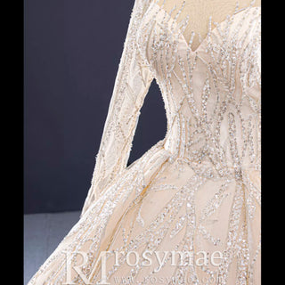 Champagne Ball Gown Tulle Sequins Long Sleeve Wedding Dress