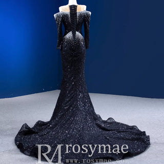 High-end Black Off the Shoulder Wedding Dress Sparkly Evening Dress