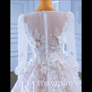 A-Line Tulle Appliques See Through Back Long Sleeve Wedding Dress