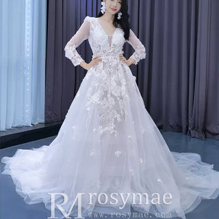 A-Line Tulle Appliques See Through Back Long Sleeve Wedding Dress