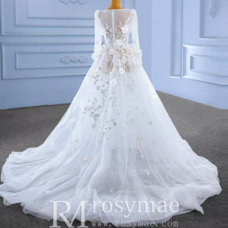 A-Line Tulle Appliques See Through Back Long Sleeve Wedding Dress