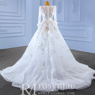 A-Line Tulle Appliques See Through Back Long Sleeve Wedding Dress