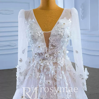 A-Line Tulle Appliques See Through Back Long Sleeve Wedding Dress