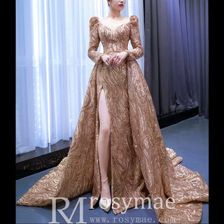 Gold Mermaid Luxury Long Sleeve Evening Dresses Gown Leg Slit