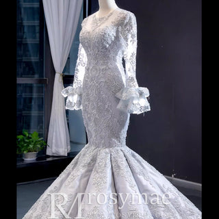 Trumpet Lace Overlay Wedding Dress With Long Sleeve