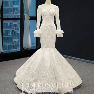 Trumpet Lace Overlay Wedding Dress With Long Sleeve