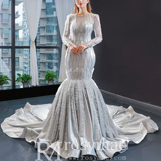 Long Sleeve Beaded Trumpet Wedding Dress with Keyhole