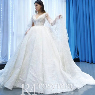 Cape Long Sleeve Ball Gown Wedding Gown Sparkly Wedding Dress