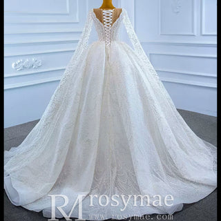 Cape Long Sleeve Ball Gown Wedding Gown Sparkly Wedding Dress