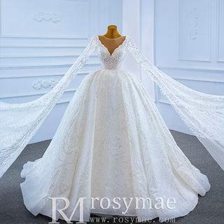 Cape Long Sleeve Ball Gown Wedding Gown Sparkly Wedding Dress