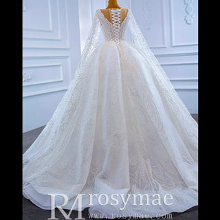 Cape Long Sleeve Ball Gown Wedding Gown Sparkly Wedding Dress