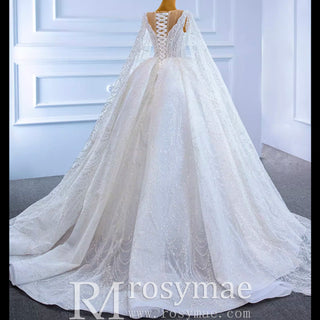 Cape Long Sleeve Ball Gown Wedding Gown Sparkly Wedding Dress