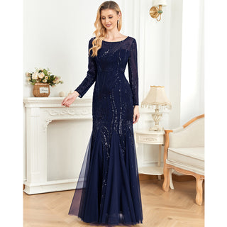 Sequins Long Sleeves Round Neck Slim Fit Mermaid Formal Evening Dress