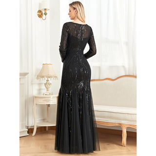 Sequins Long Sleeves Round Neck Slim Fit Mermaid Formal Evening Dress