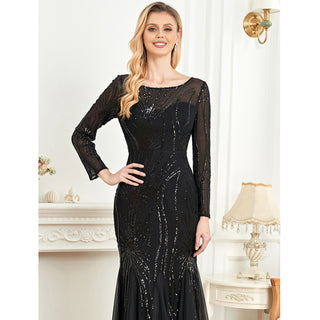 Sequins Long Sleeves Round Neck Slim Fit Mermaid Formal Evening Dress