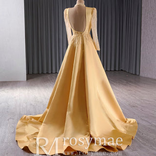 Satin Shining High Neck Long Sleeve Formal Party Prom Gowns