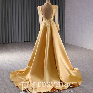 Satin Shining High Neck Long Sleeve Formal Party Prom Gowns