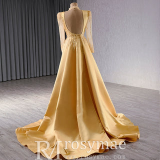 Satin Shining High Neck Long Sleeve Formal Party Prom Gowns