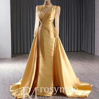 Satin Shining High Neck Long Sleeve Formal Party Prom Gowns