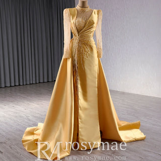 Satin Shining High Neck Long Sleeve Formal Party Prom Gowns