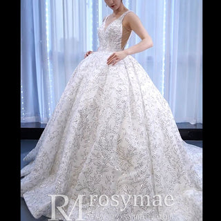 Modest and Sparkly Ball Gown Wedding Dress with Queen-ann Neck