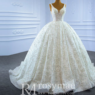 Modest and Sparkly Ball Gown Wedding Dress with Queen-ann Neck