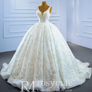 Modest and Sparkly Ball Gown Wedding Dress with Queen-ann Neck