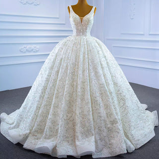 Modest and Sparkly Ball Gown Wedding Dress with Queen-ann Neck