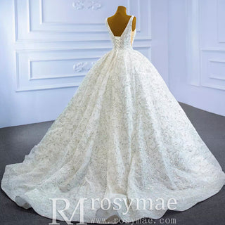 Modest and Sparkly Ball Gown Wedding Dress with Queen-ann Neck