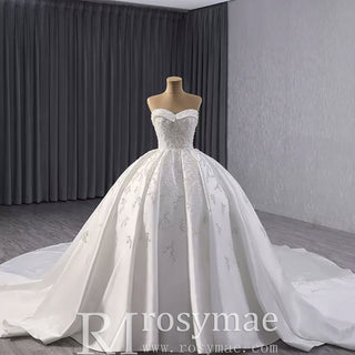 Gorgeous Puffy Skirt Ball Gown Satin Wedding Dress Royal Train