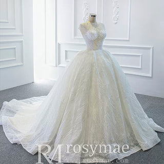 Modest Ball Gown Sparkly Wedding Dress with Keyhole Back