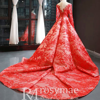 Princess Scoop Long Sleeve Lace Formal Dress Red Prom Gown