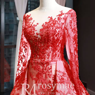 Princess Scoop Long Sleeve Lace Formal Dress Red Prom Gown