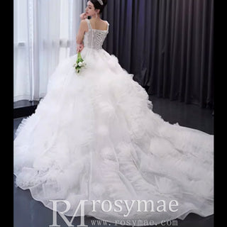 Gorgeous Beaded Tiered Wedding Dress Square Neck Bridal Gown