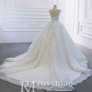 Modest Ball Gown Sparkly Wedding Dress with Keyhole Back