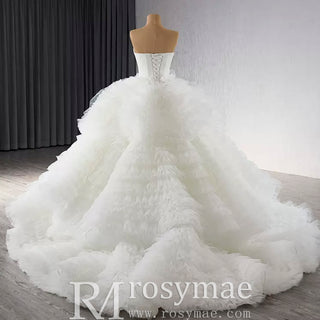 Luxury Ruffled Overskirt Ball Gown Wedding Dress Strapless Bridal Gown