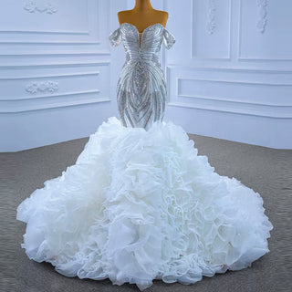 Luxury Ruffled Beaded Mermaid Wedding Dress with Off the Shoulder