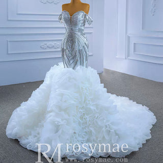 Luxury Ruffled Beaded Mermaid Wedding Dress with Off the Shoulder