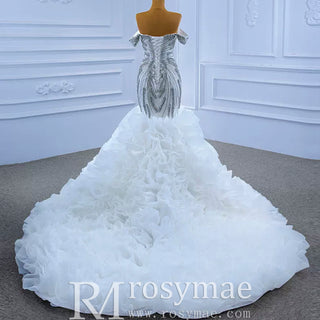 Luxury Ruffled Beaded Mermaid Wedding Dress with Off the Shoulder